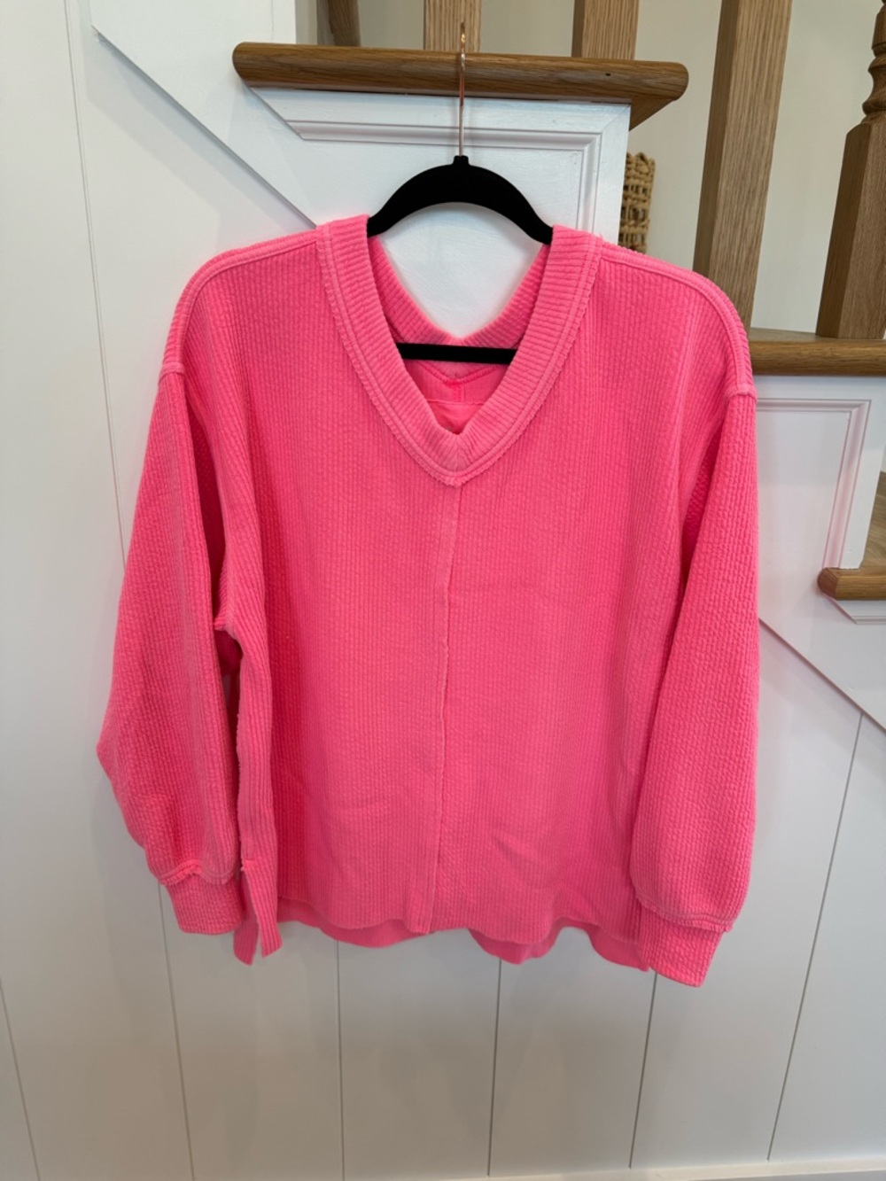Aerie Oversized Big Hug Waffle Knit V-Neck Sweater Neon Hot Pink extra small